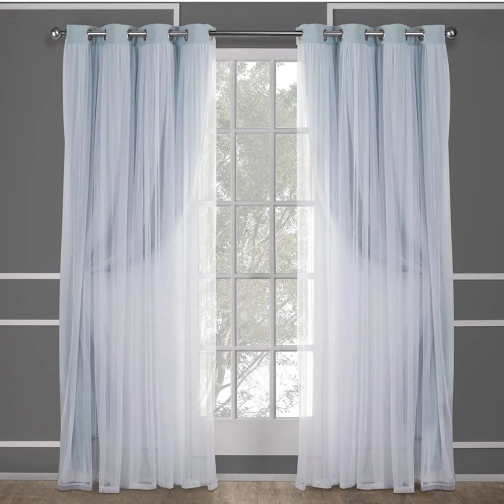 Light Blue and White Layered Grommet Window Curtains